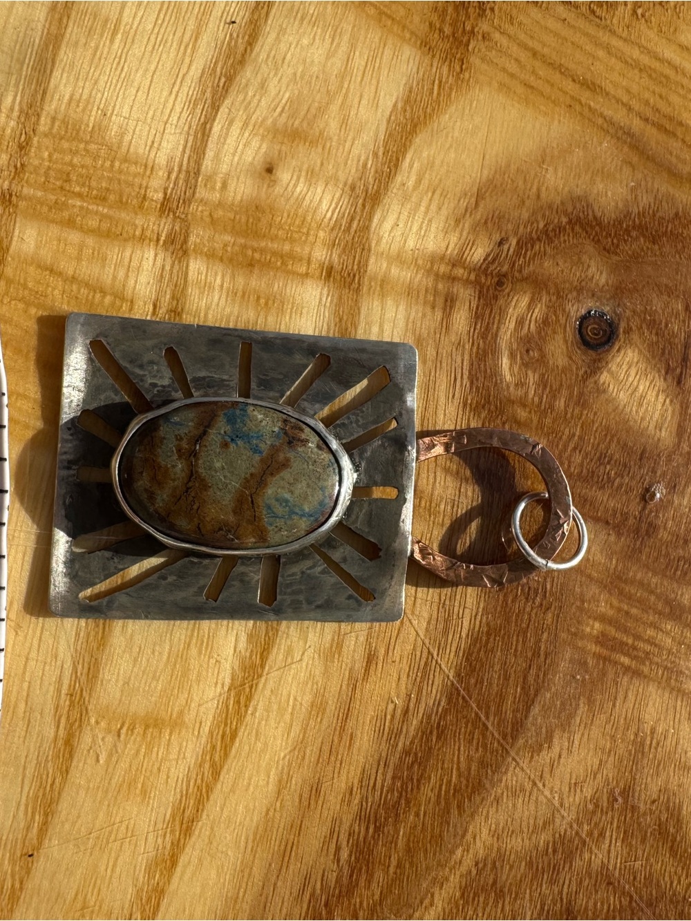 Handmade Silver & Copper Sunburst Pendant Necklace with Turquoise - Picture 4 of 5